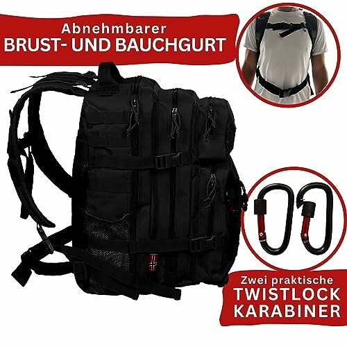 Schwarzer Rucksack mit Brust- und Bauchgurt, zwei Karabiner.