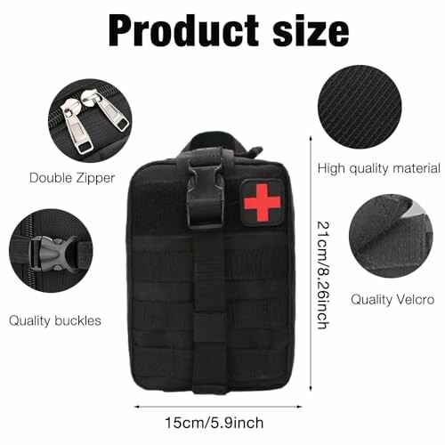 Taktische Tasche mit doppeltem Reißverschluss, hochwertigen Schnallen und Klettverschluss, Größe 15x21 cm.
