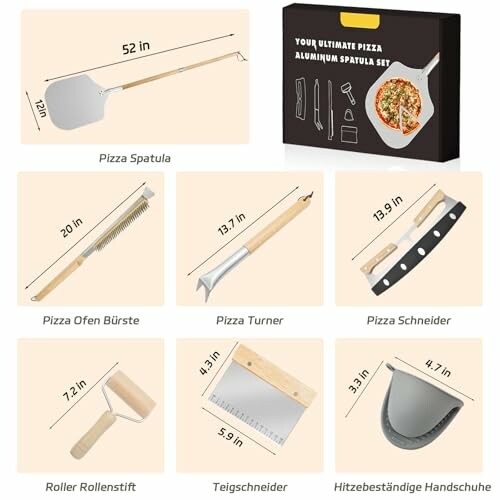 Set mit Pizza-Werkzeugen: Spatel, Bürste, Wender, Schneider, Rollschneider, Teigschneider, hitzebeständige Handschuhe.