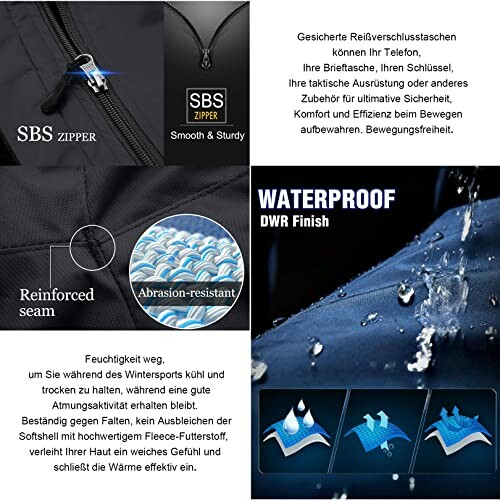 Details einer wasserdichten Jacke mit Reißverschluss, verstärkten Nähten und Abriebfestigkeit.