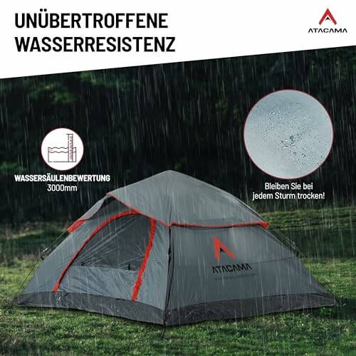 Wasserdichtes Zelt im Regen mit Atacama-Logo