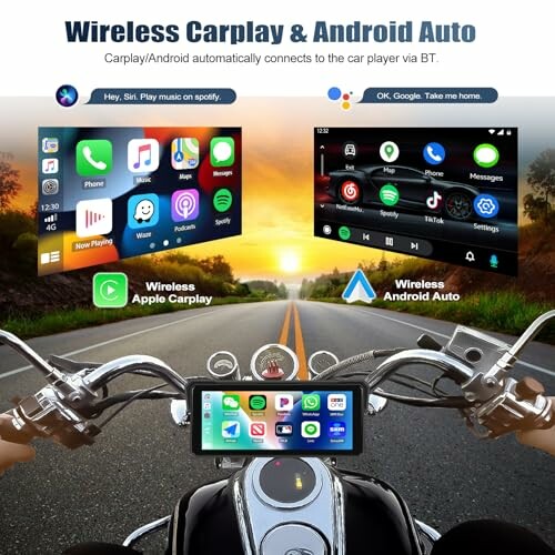 Motorrad mit drahtlosem Carplay und Android Auto Display auf einer Straße.