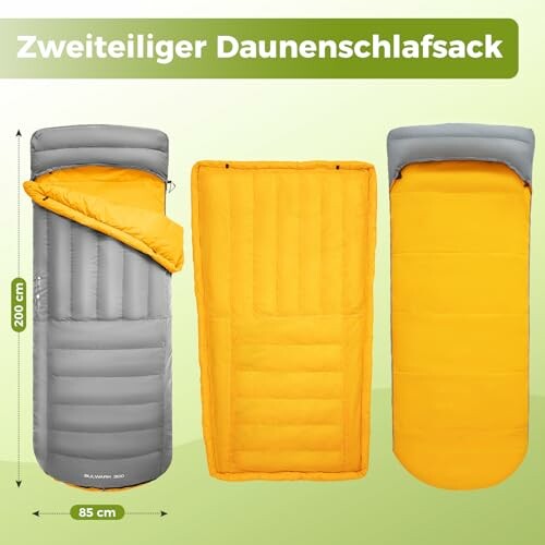 Grauer und gelber zweiteiliger Daunenschlafsack in drei Ansichten.